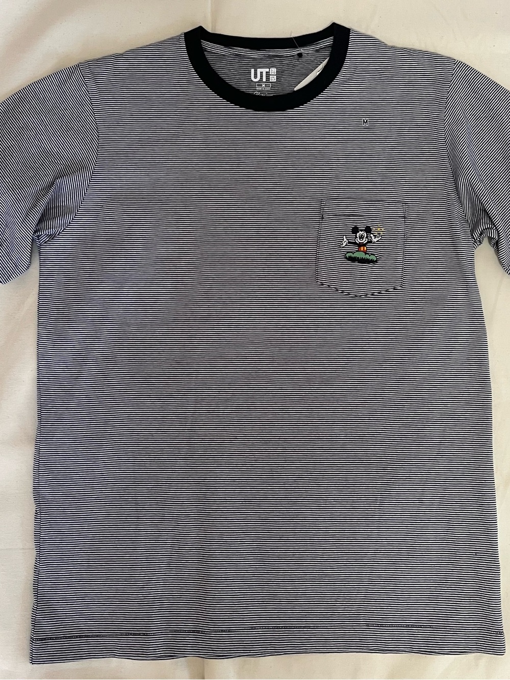 Uniqlo Black & White Striped Mickey Pocket Tee. Size Medium